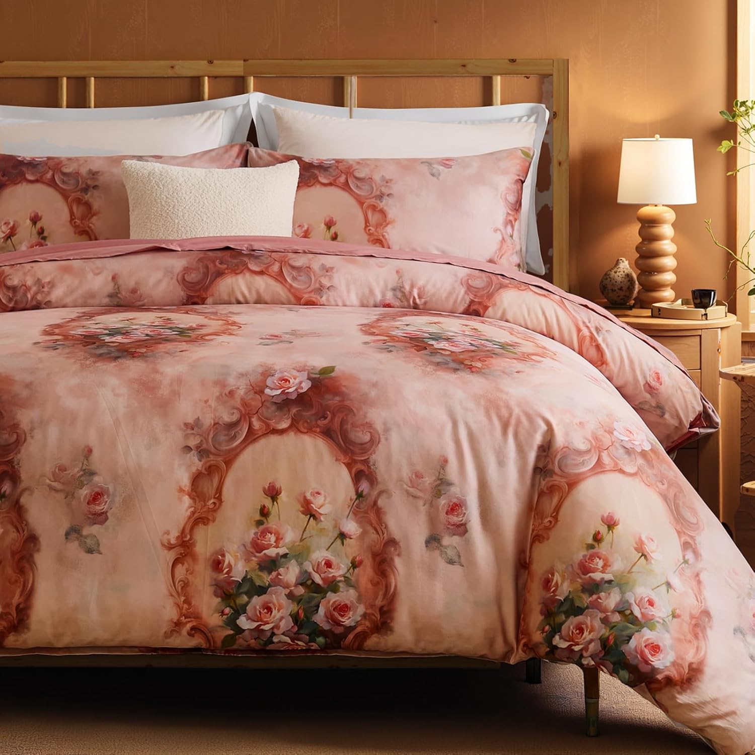 100% Cotton Duvet Cover Set Queen Size – Pink French Vintage Rose Bedding with Zipper Closure, 3-Piece Luxury Romantic Shabby Chic Floral Comforter Cover with 2 Pillowcases