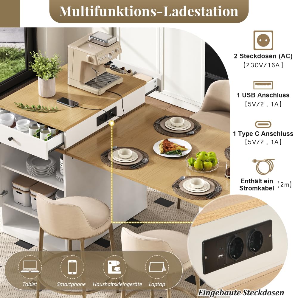 mobile Isola da cucina 71(151) x80x92 cm,tavolo da pranzo estensibile con piano rimovibile,tavolo da bar con presa multipla, isola cucina su ruote per sala da pranzo(A-Bianco+Naturale)