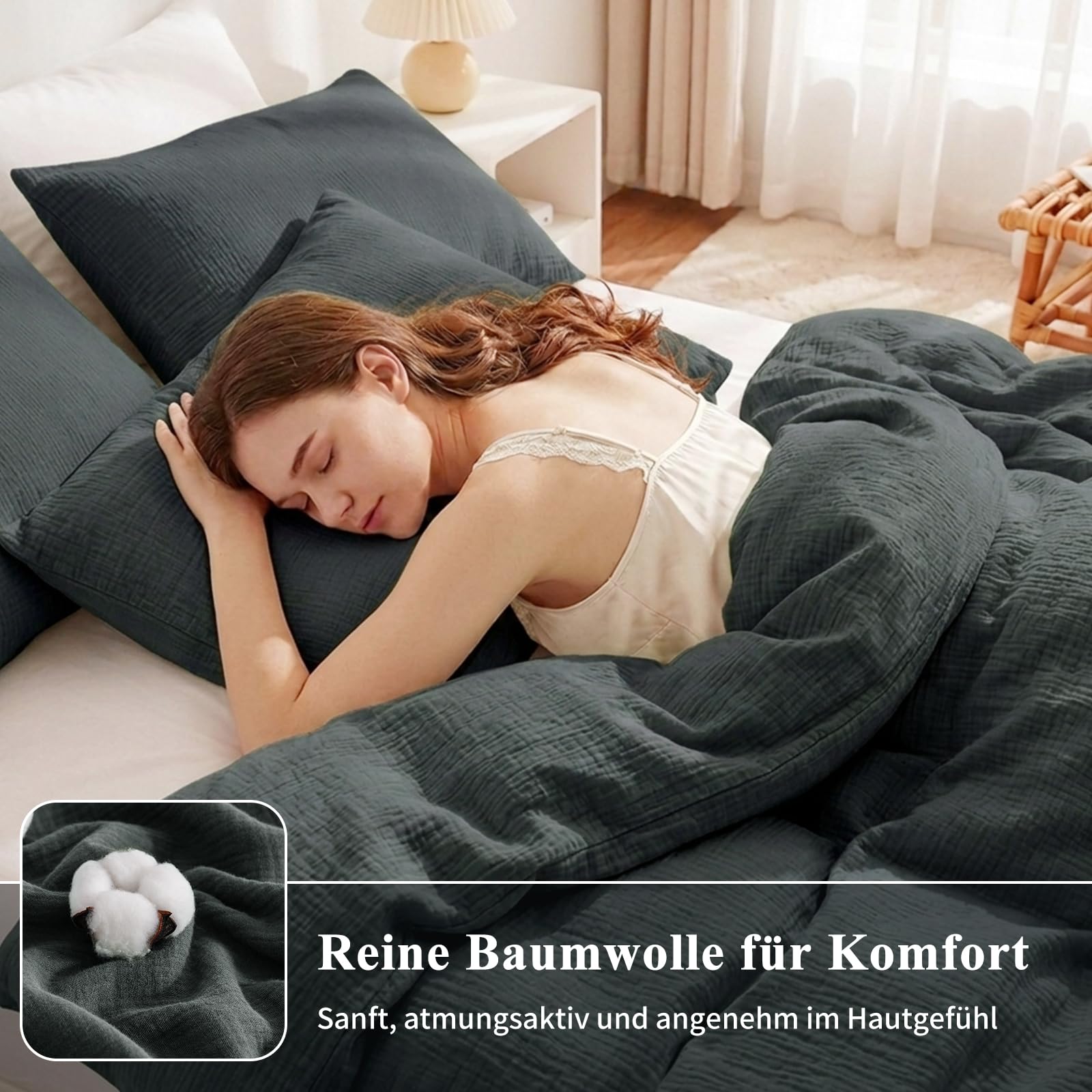 Aisbo Musselin Bettwäsche 135x200 2teilig Grau, 100% Baumwolle Oeko-TEX® | 1 Bettbezug 135x200 cm & 1 Kissenbezug 80x80 cm mit Reißverschluss, Weich, Atmungsaktiv, Leichte Sommerbettwäsche