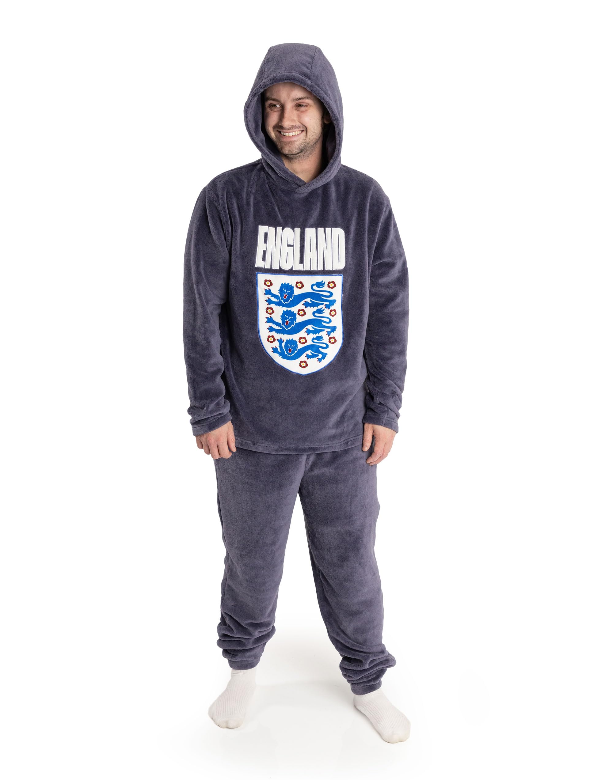 Vanilla Underground England Mens Grey Long Sleeve Long Leg Pyjama Set | Classic Hooded Sleepwear in Cosy Fleece | National Football Team Branding | England Merch - Medium