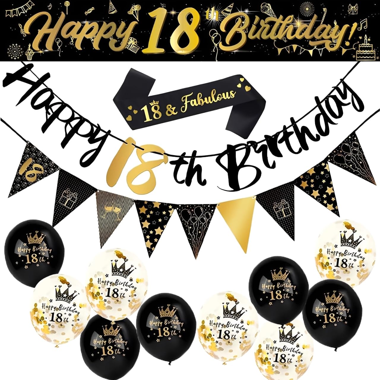18th Birthday Decorations Banner, Black Gold 18th Birthday Party Banner and Yard Banners, 18 & Fabulous Strap, Triangle Flag Bunting Confetti Party Balloons, 18th Birthday Party Supplies