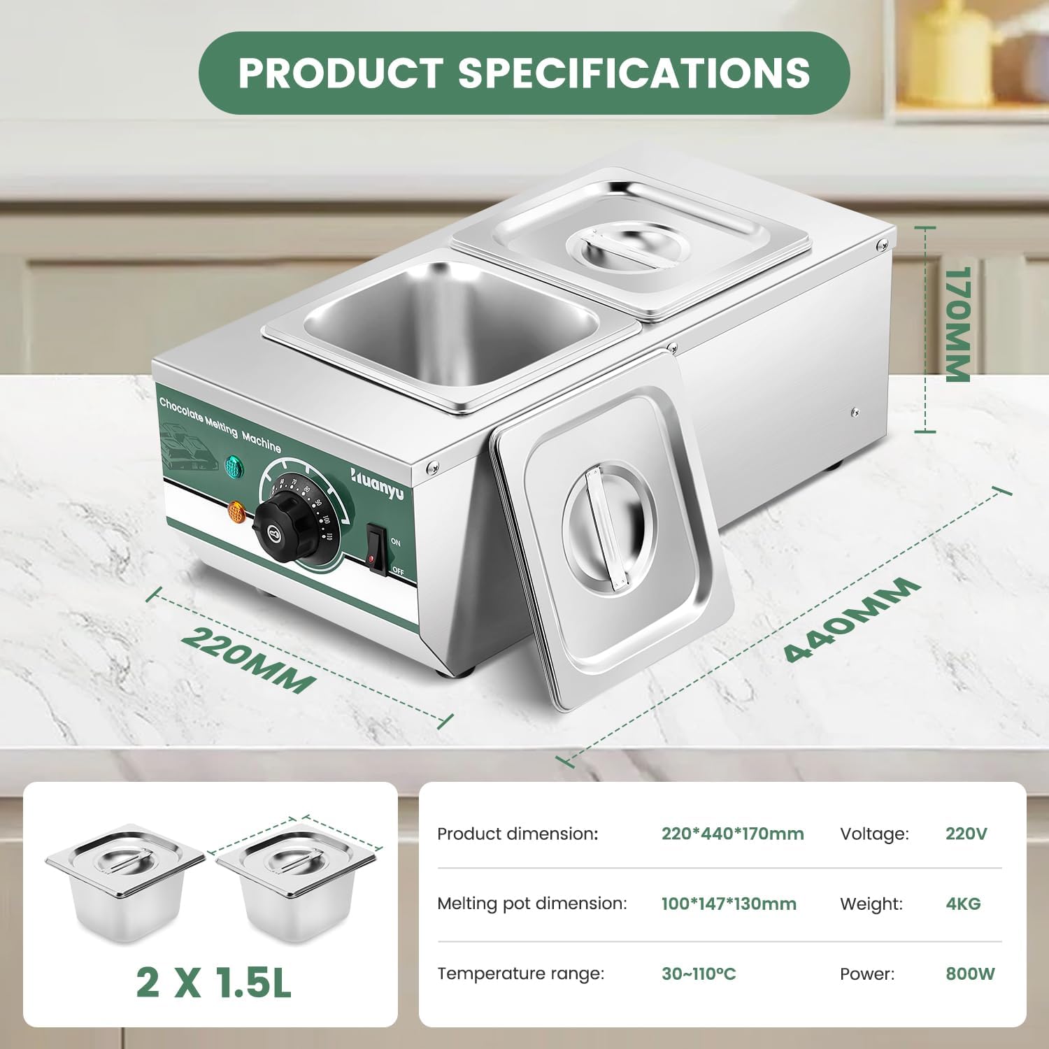Huanyu Chocolate Tempering Machine with 2 Pots 30℃-110℃ Chocolate Melting Machine 800W Commercial Chocolate Melter Water Heating Chocolate Melting Pot