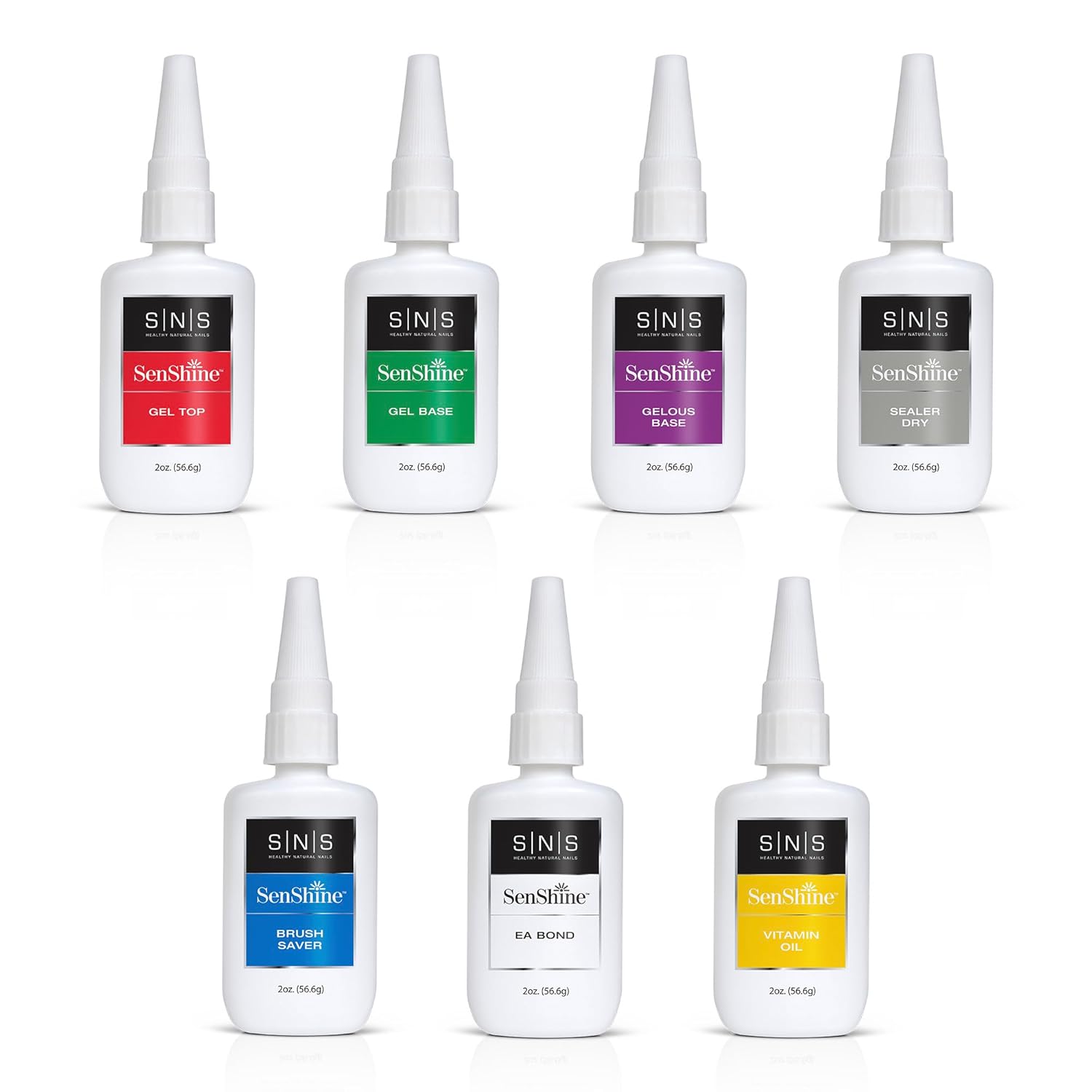 SNS Base Coat Nail Polish for Nail Dip Powder Set, SenShine Refill Bottles (7 Pack) - Long-Lasting & Fast-Drying Nail Strengtheners Gel Base - No UV Lamp Required - 2 FL OZ
