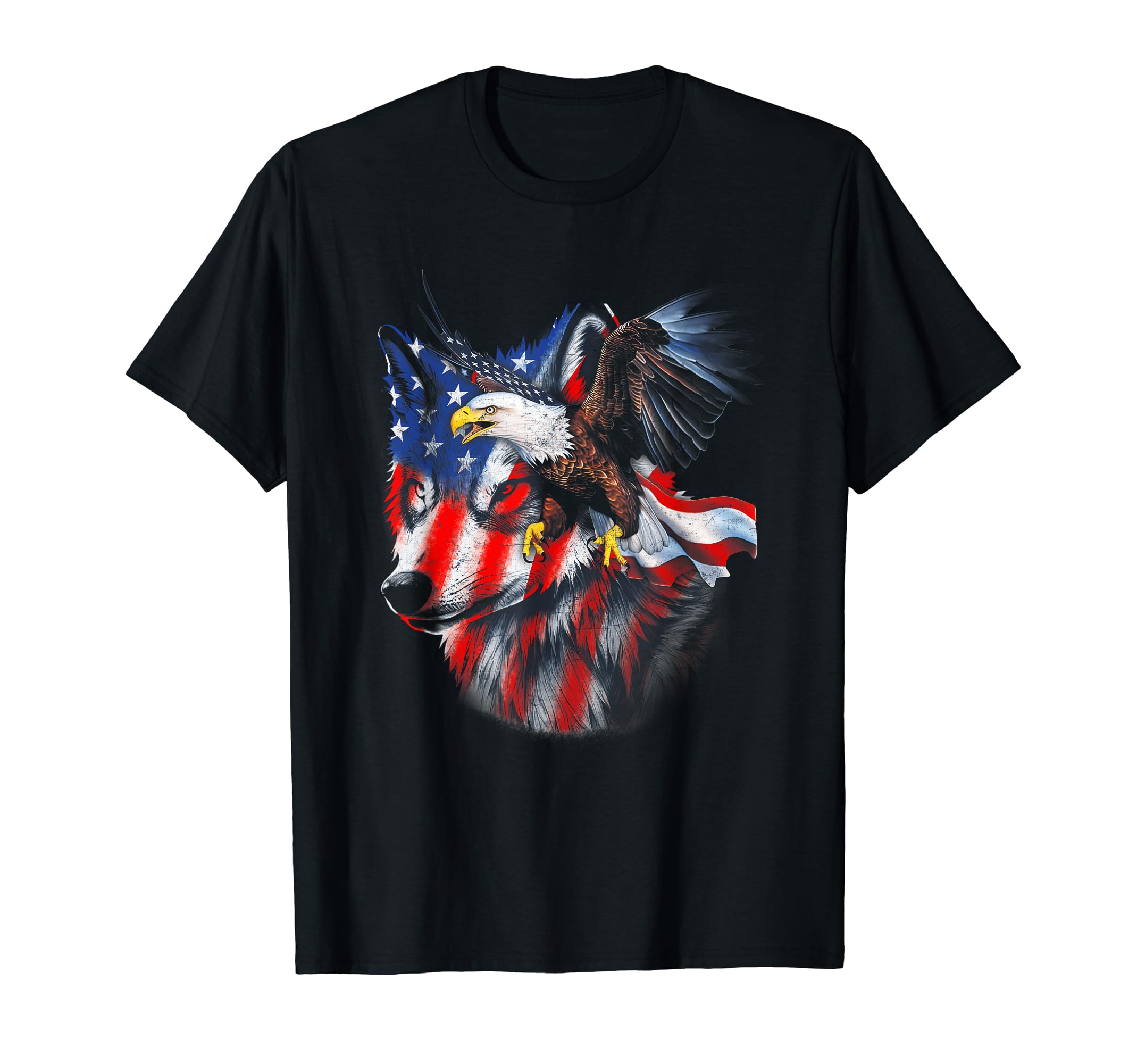 Wolf With Bald Eagles American Flag Independence Day T-Shirt
