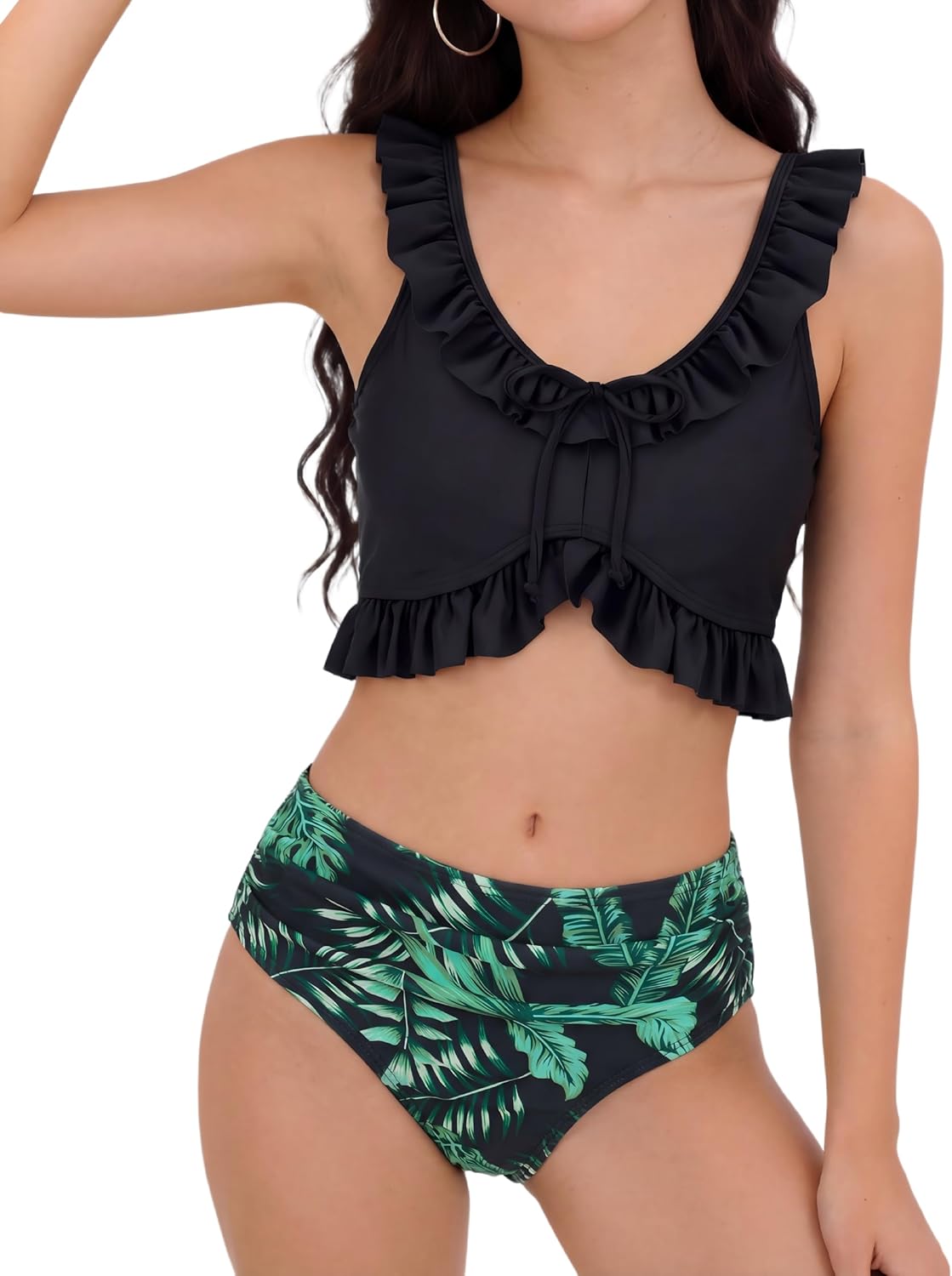 Weixinbuy Girls Swimsuits 2 Piece Bikini Set Teen Ruched Ruffle U-Neck Bathing Suits for 9-16Y Tween Summer Beachwear