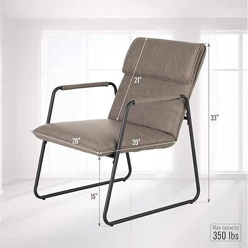 Miniatura 2 de MAISON ARTS Silla decorativa de cuero con marco de acero, sillón moderno de mediados de siglo, tapizado suave para el hogar, oficina, estudio, sala