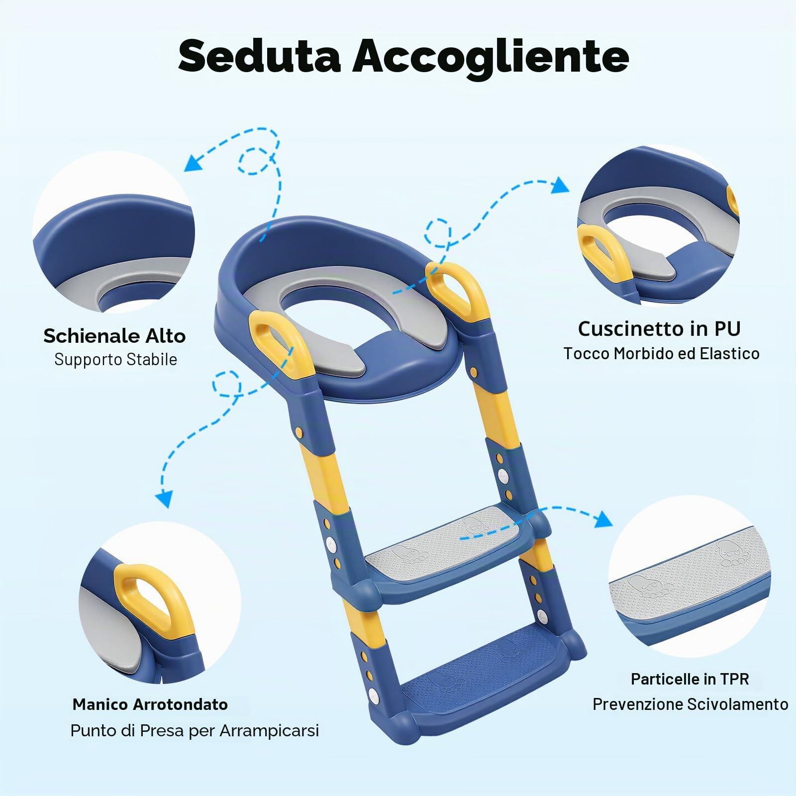 Sedile WC per Bambini con Scala, Sedile WC Pieghevole per Bambini per WC a V/U/O, 6 Regolazioni di Altezza, Supporto WC a U, con Cuscino PU Rimovibile, Blu