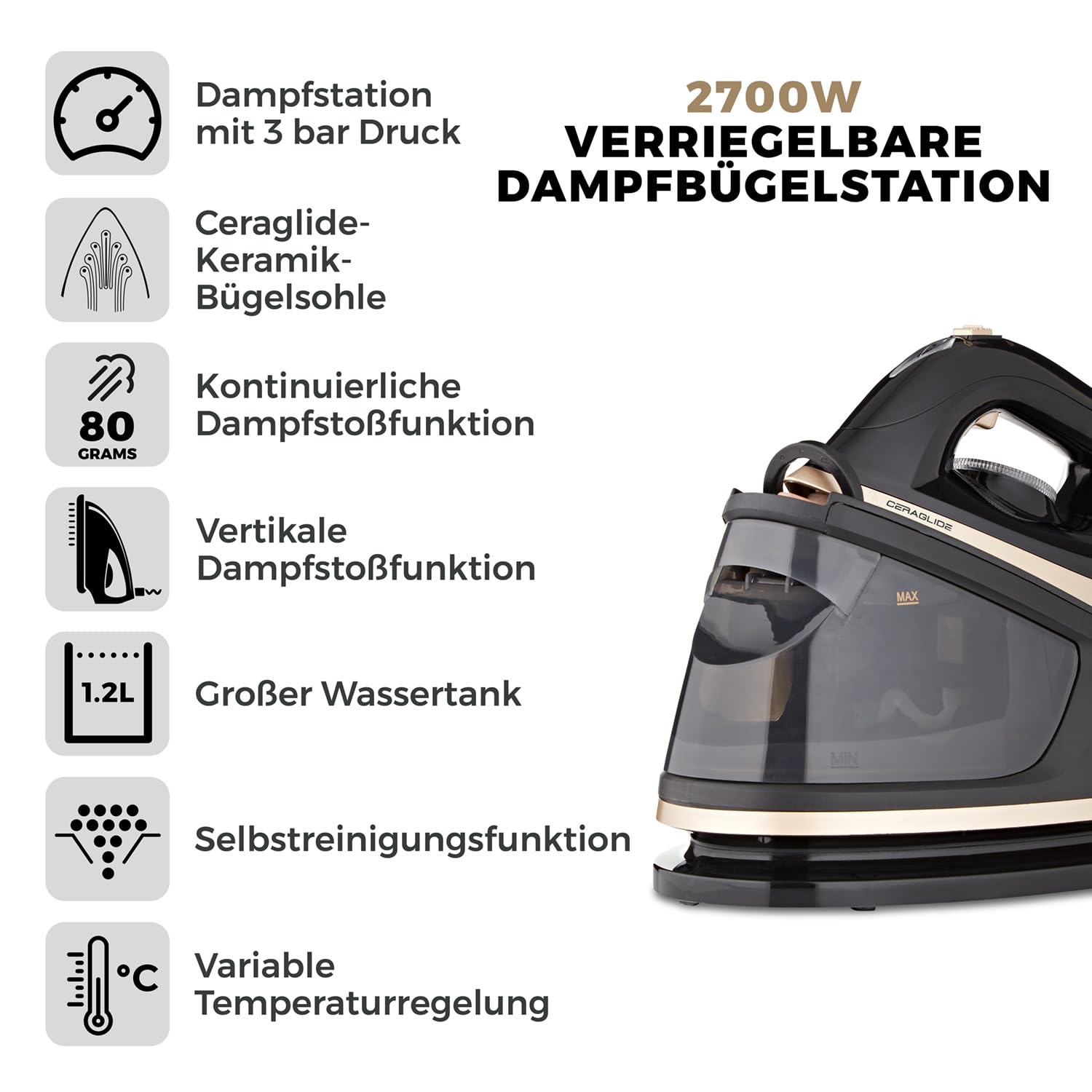 Tower T22023GLD Ceraglide Bügeleisen mit Dampfbügelstation - Dampfbügeleisen mit Dampfstoßtaste – Bild 2