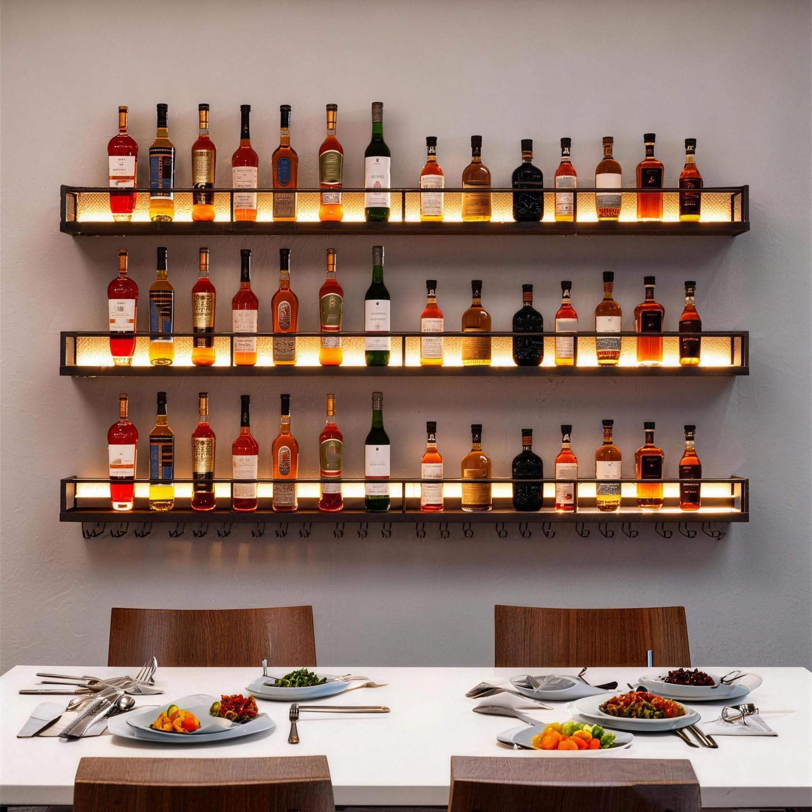 Botellero de Pared Industrial con Luz LED, Estante de Vino de Metal 3 Niveles con Portavasos, Multifuncional, Negro/Dorado, Varios Tamaños para Cocina, Bar, Cafetería (Negro, 140CM)