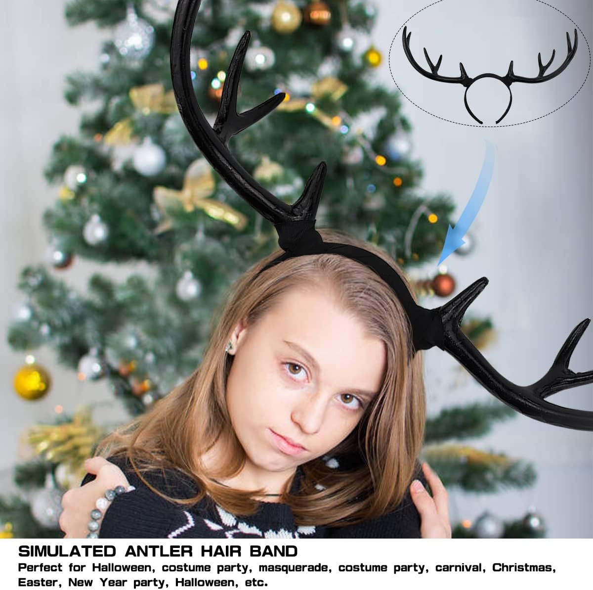 FERCAISH Reindeer Antler Headband, Black Deer Horn Elk Headband Headpiece for Christmas Party, Large Antler Ears Hairband - Image 4