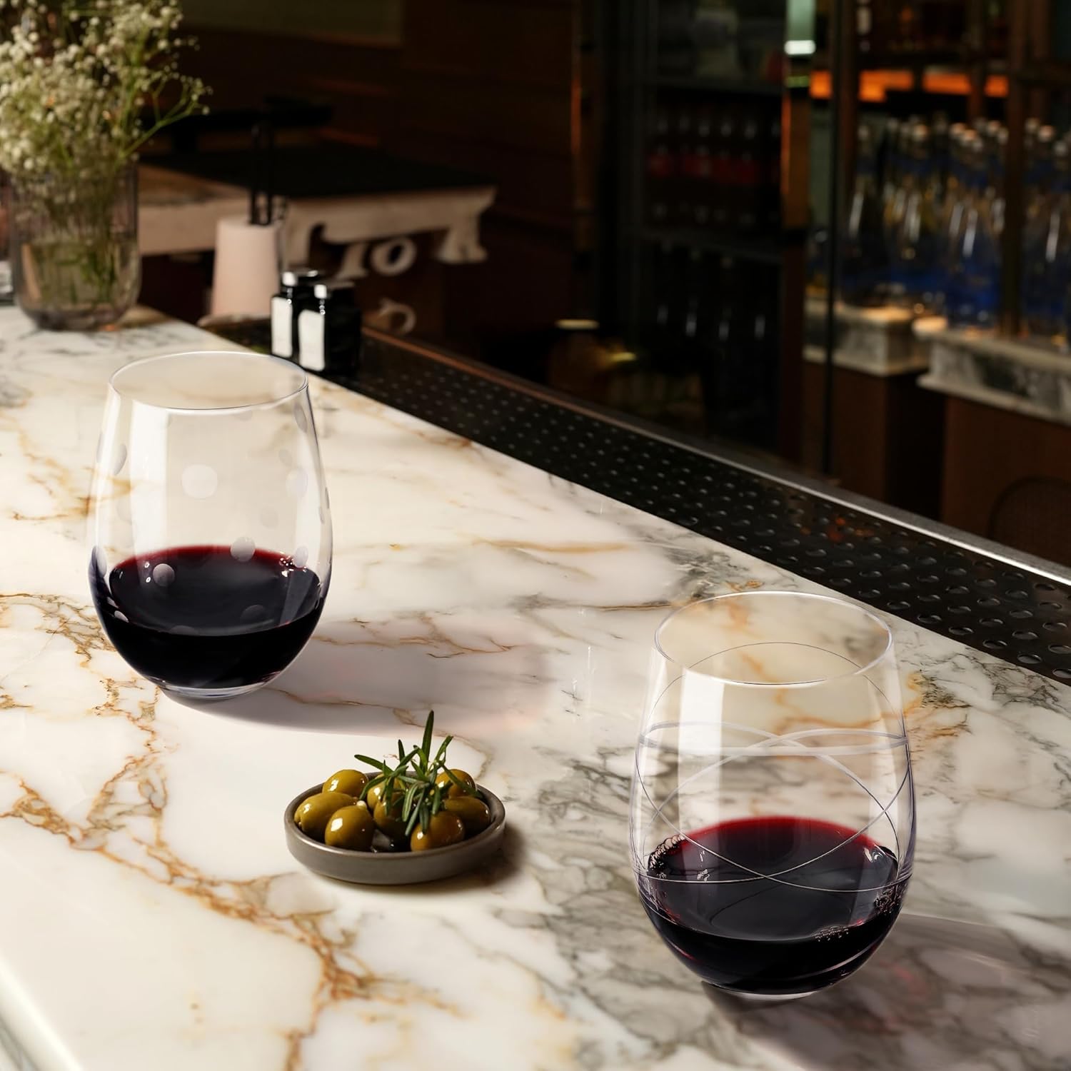 Joeyan Hand Blown Etched Stemless Wine Glasses with Dots Swirls Pattern for Red Wine,Large Carved Drinking Glass Cups Tumblers for Wedding Anniversary Party Home,Set of 2, 17.5 oz, Dishwasher Safe - Image 3