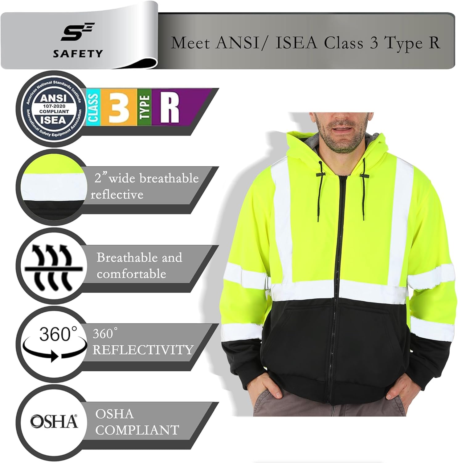sesafety High Visibility Safety Hoodie for Men Fleece Lined ReflectiveZip up Sweatshirt Class 3 Heavy Duty Hi Vis Jacket - Image 3