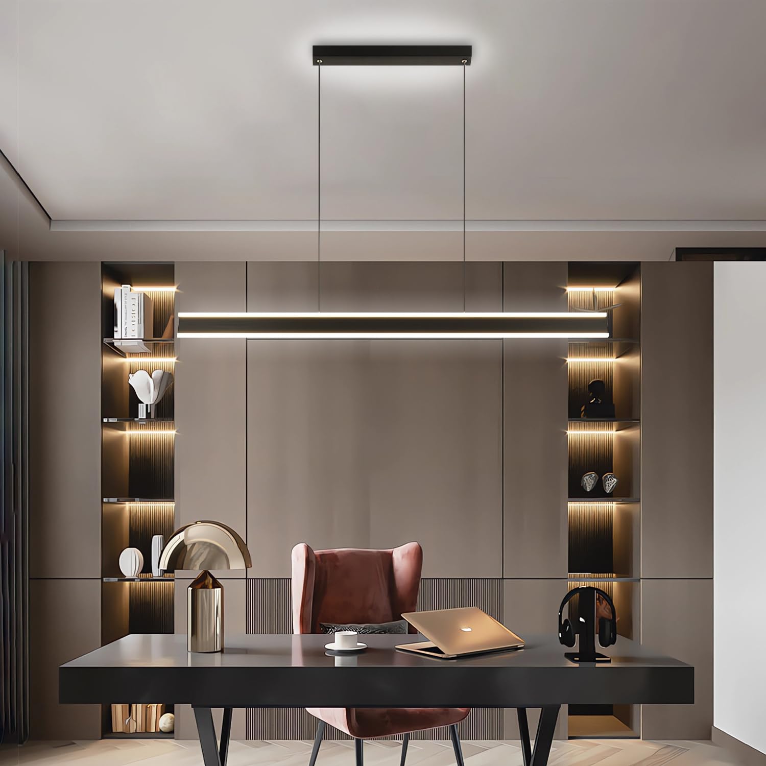 Moderne LED Pendelleuchten Esszimmer Pendelleuchte Dimmbare Büroleuchte Fernbedienung Lineare Kronleuchter Aluminium Kücheninselbeleuchtung Kreative Hängelampe für Küche Tischlampe (Schwarz, L80cm)
