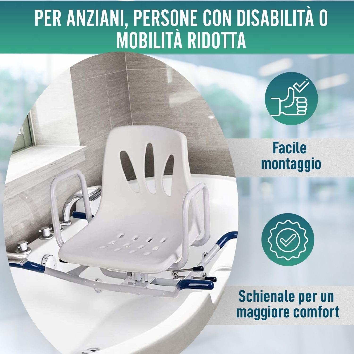OrtoPrime Sedia Girevole per Vasca da Bagno 360° - Sedile Vasca per Anziani COMODO E SICURO - Sedia Vasca da Bagno Facile da Usare - Trasferimento Sicuro - MISURARE LA VASCA PRIMA DELL'ACQUISTO