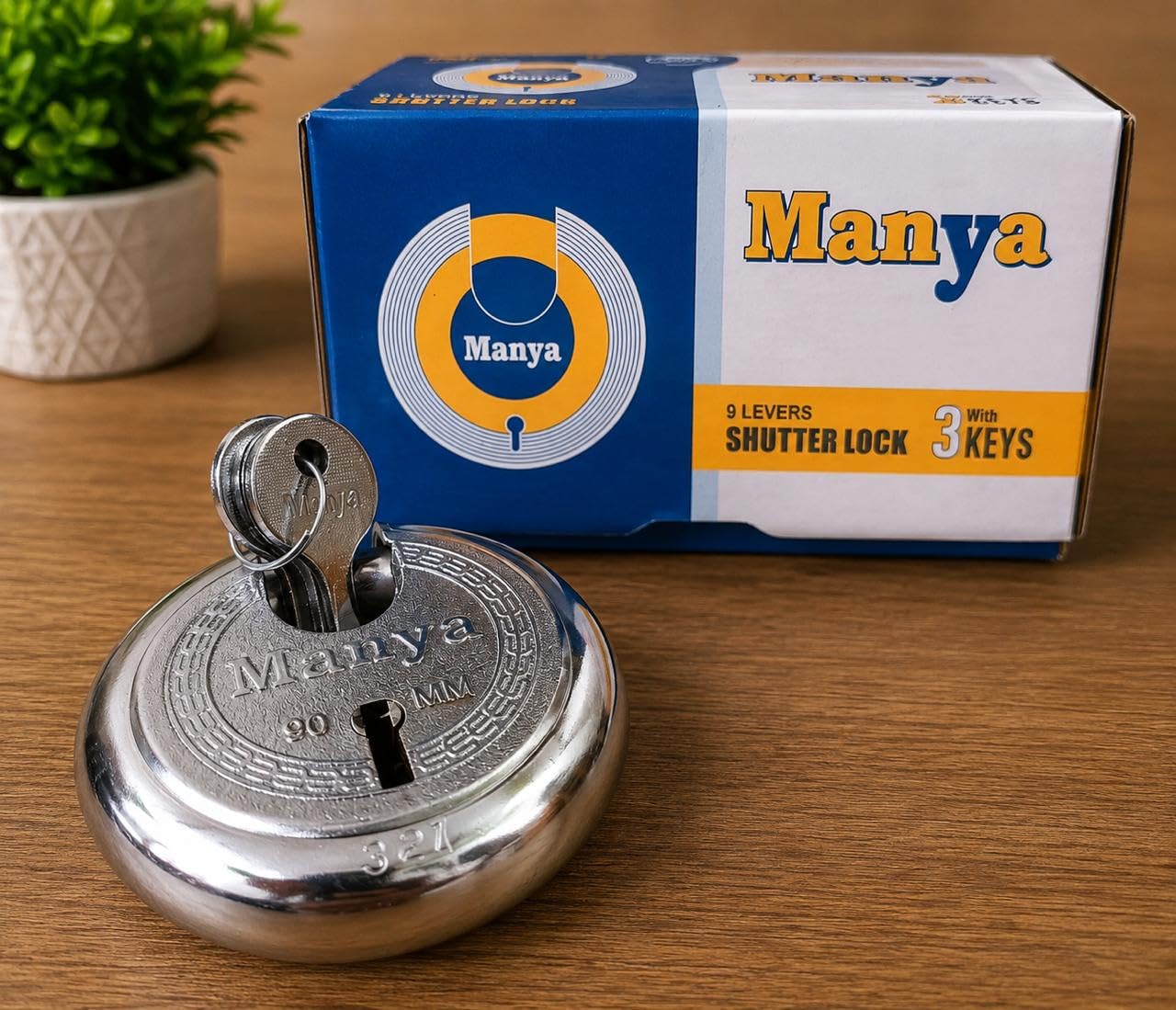 manya 9 levers shutter lock, 90 mm, stainless steel with 3 keys | round disc padlock, high security, chrome finish, shop & warehouse use, durable build
