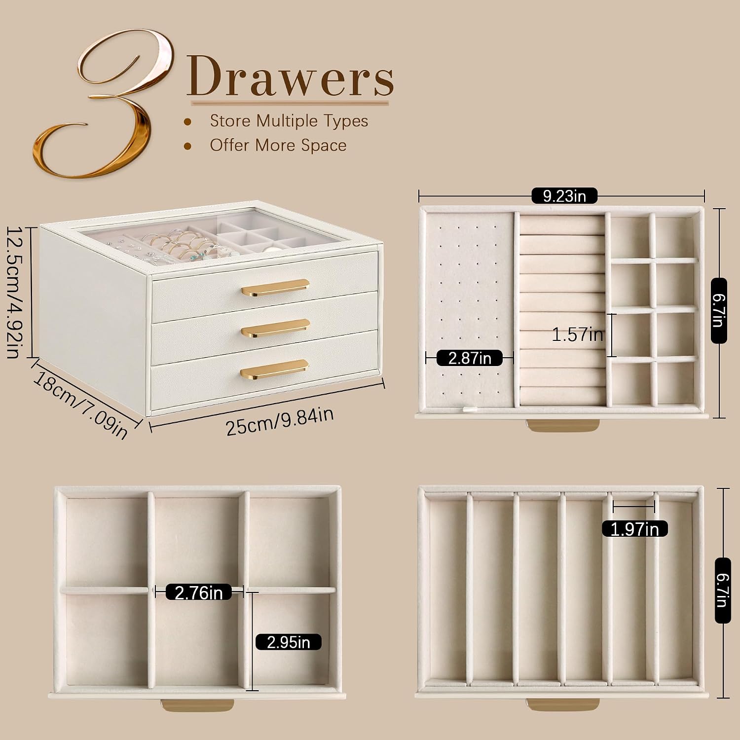 Homeanda Jewelry Boxes Organizer with Glass Lid, 3-Layer PU Leather, Beige
