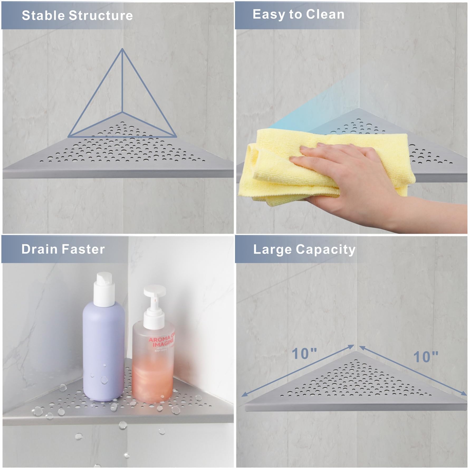 HIDROP Estante de ducha de esquina cepillado de 10 pulgadas, estante de esquina triangular de acero inoxidable para pared de azulejos, paquete de 2 estantes de esquina de ducha, sin taladrar