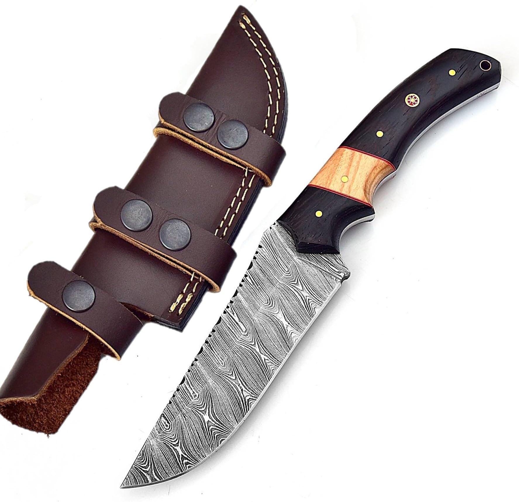 Handmade Damascus Steel Knife Hunting Fixed Blade Knife For Camping, Survival and Outdoor Activities 10 Inches Overall Length with Leather Sheath, Olive & Wenge Wood Handle 348-Y