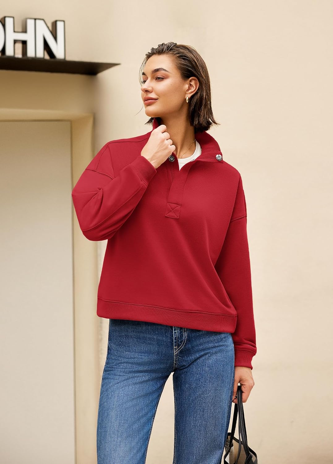 Nirovien Womens Henely Oversized Sweatshirts Stand Collar Cropped Sweatshirt Long Sleeve Quarter Button Pullover - Image 3