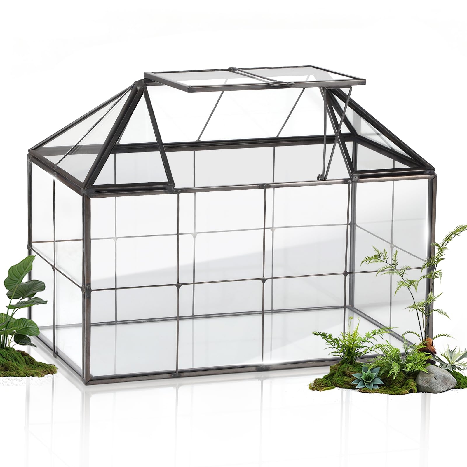 EFUTURETIME Mini Jardinière Terrarium Plante 23,3 x 13,6 x 18 cm, Miniature Serre Interieur Forme de Maison Idéal pour Succulentes Cactus et DIY (sans Plantes)