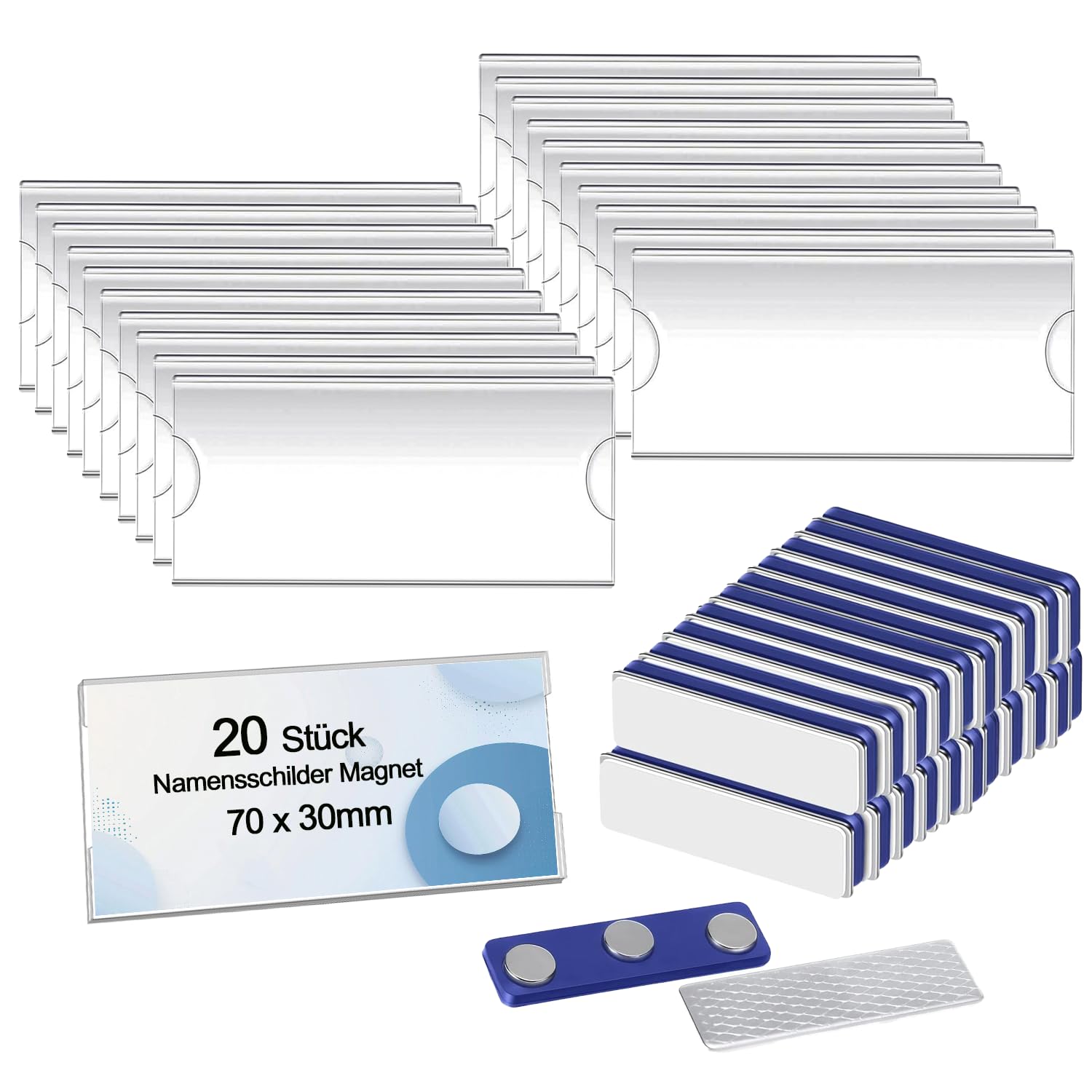Pack of 20 Magnetic Name Badges, 70 x 30 mm Name Badges Magnetic for Clothing, Magnetic Name Badge for Clothing, ID Holder, Name Tag with Self-Adhesive Magnet