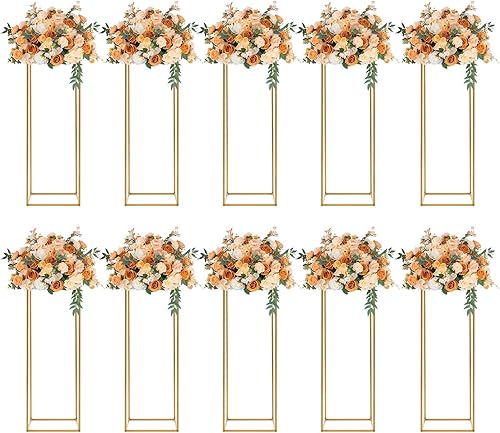 Paquete de 10 soportes dorados de 31.5 pulgadas para flores de boda, soporte de columna de metal para centro de mesa geométrico, jarrón para