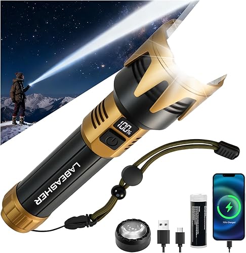 LABEASHER Rechargeable LED Flashlight, Flashlights High Lumens with Ignition Lens,2000 Lumens Super Bright Tactical Flashlight,5 Modes, Zoomable, Waterproof,for Camping, Emergency (PANTENT Pending)