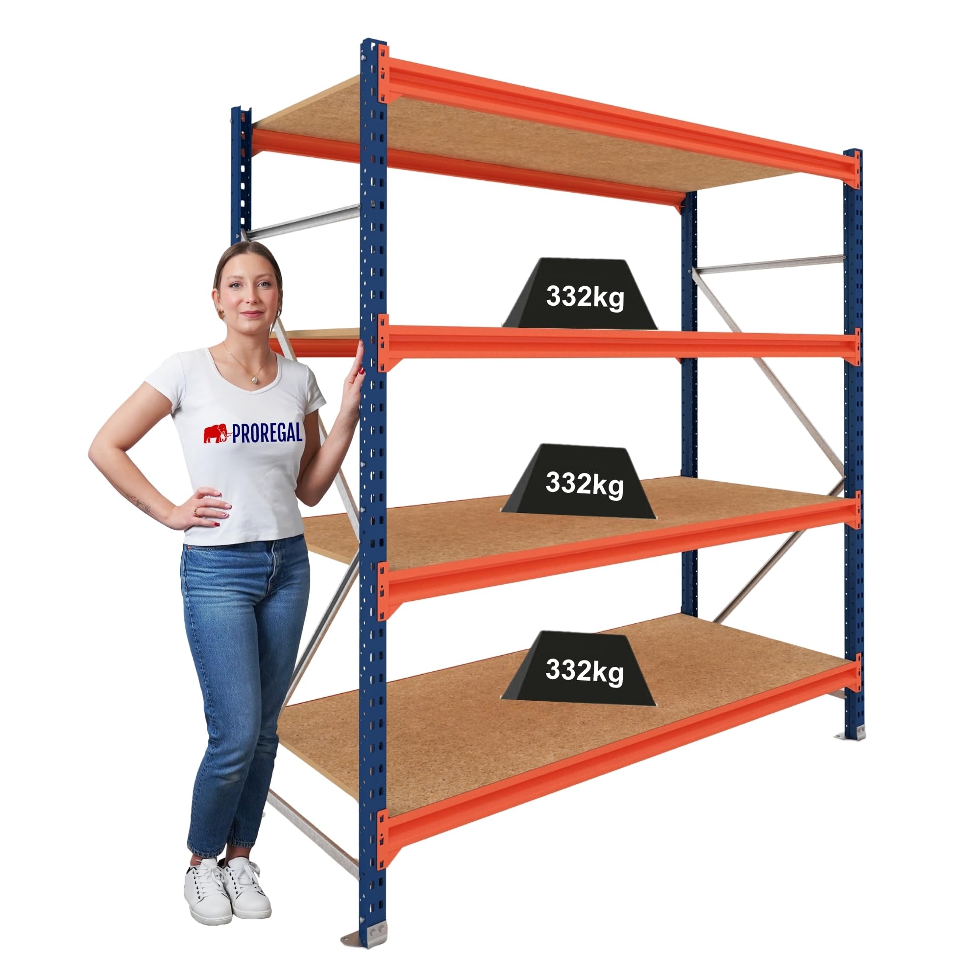 PROREGAL Weitspannregal Schwerlastregal Lagerregal Dominus | Grundregal | HxBxT 200x240x60cm | 4 Ebenen | Spanplatten-Fachboden | Fachlast 332 kg | Blau/Orange