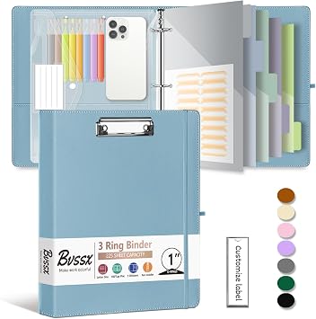 1 Inch 3 Ring Leather Binder Organizer, BVSSX Three Ring Binders with Clipboard, Plastic Folder, 5-Tabs Pocket Dividers with Sticker Labels, Pen Loop, Elastic Strap Blue, Letter Size