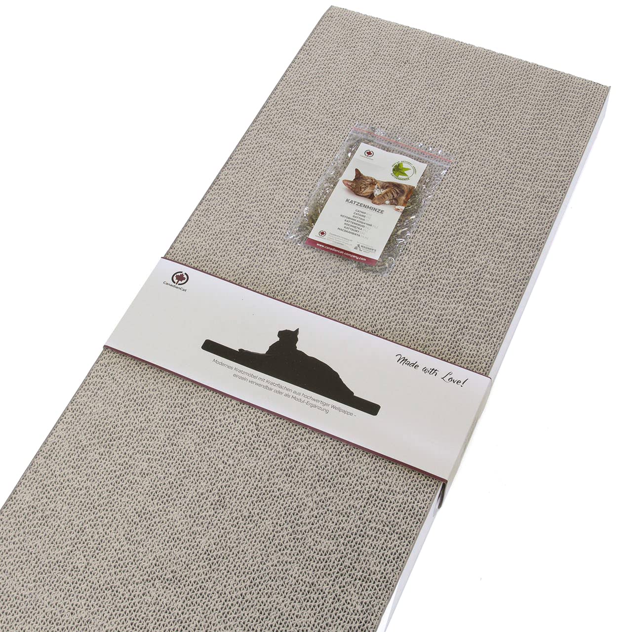 CanadianCat Company | Premium Kratzbrett XXL Saturn Kratzpappe für Katzen - wendbare Katzen-Kratzmatte in weiß, Langer Kratzspaß | ca. 90 x 30 x 5 cm