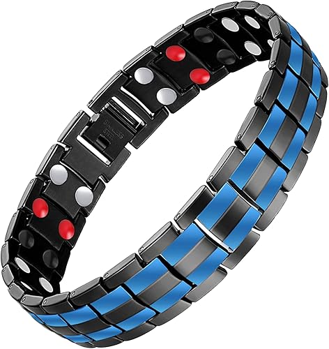 Vista 53 de Feraco Pulsera magnética de acero de titanio para hombre con doble fila de 4 elementos imanes, regalos para el día del padre Negro,Negro