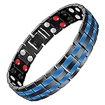 Feraco Mens Magnetic Bracelet Titanium Steel Magnetic Bracelet with Double Row 4 Elements Magnets (Black & Double Blue Line)