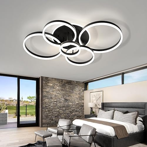 Miniatura 8 de Lámpara de Techo Moderna, 39.4'' Regulable 145W LED Negra Empotrada Luces de Techo con Control Remoto 5+1 Anillos Accesorio de Lámpara de Techo