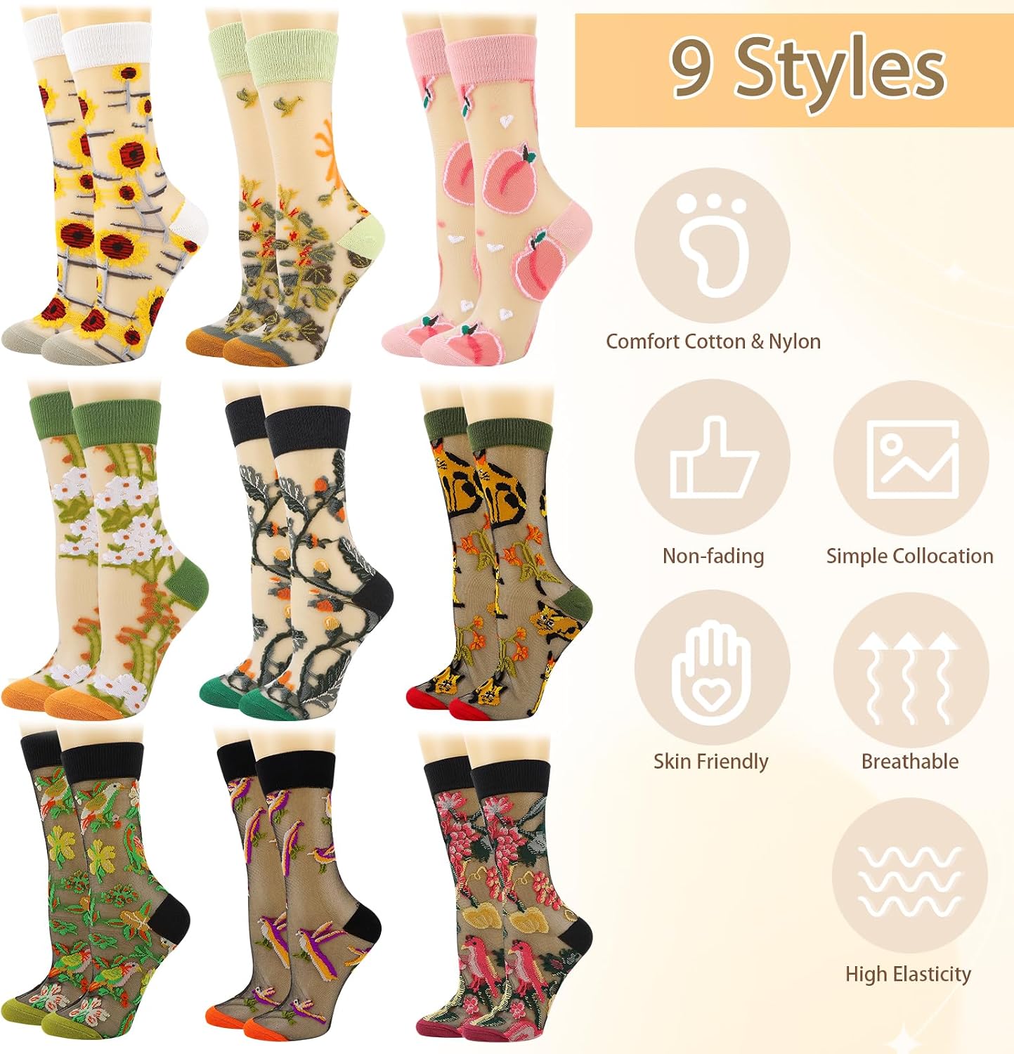 Vintage Flower Sheer Socks for Women Ankle Mesh Lace Elastic Jacquard Transparent Socks