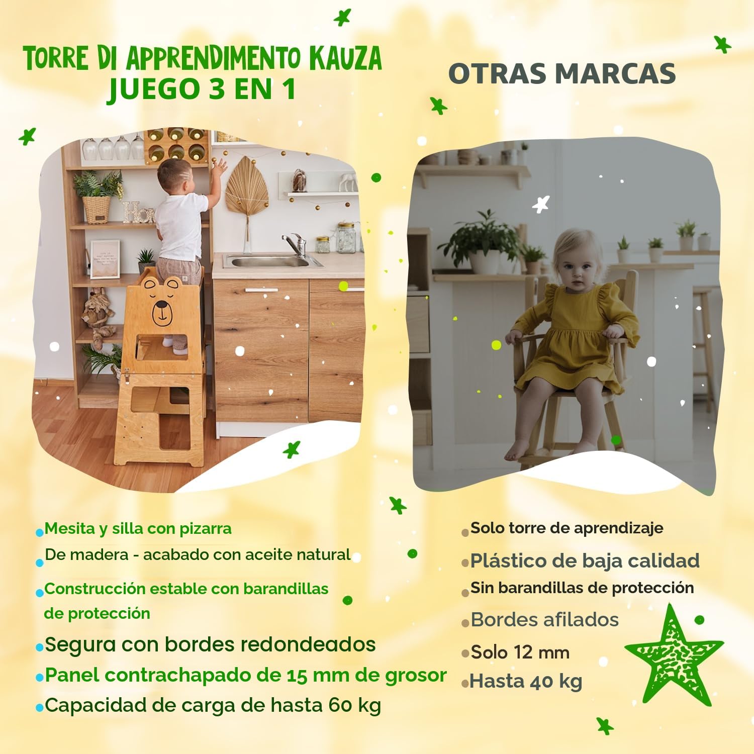 KAUZA Torre de Aprendizaje Montessori Plegable para Niños – Ajustable en Altura, Transformable en Mesa y Silla, Ideal para la Cocina, Juegos y Actividades, Seguridad Garantizada, Madera Natural
