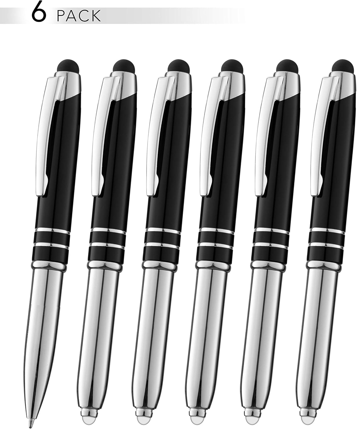 SyPen Stylus Pen for Touchscreen Devices, Tablets, iPads, iPhones, Multi-Function Capacitive Pen with LED Flashlight, Ballpoint Ink Pen, 3-in-1 Metal Pen, 6PK, Black
