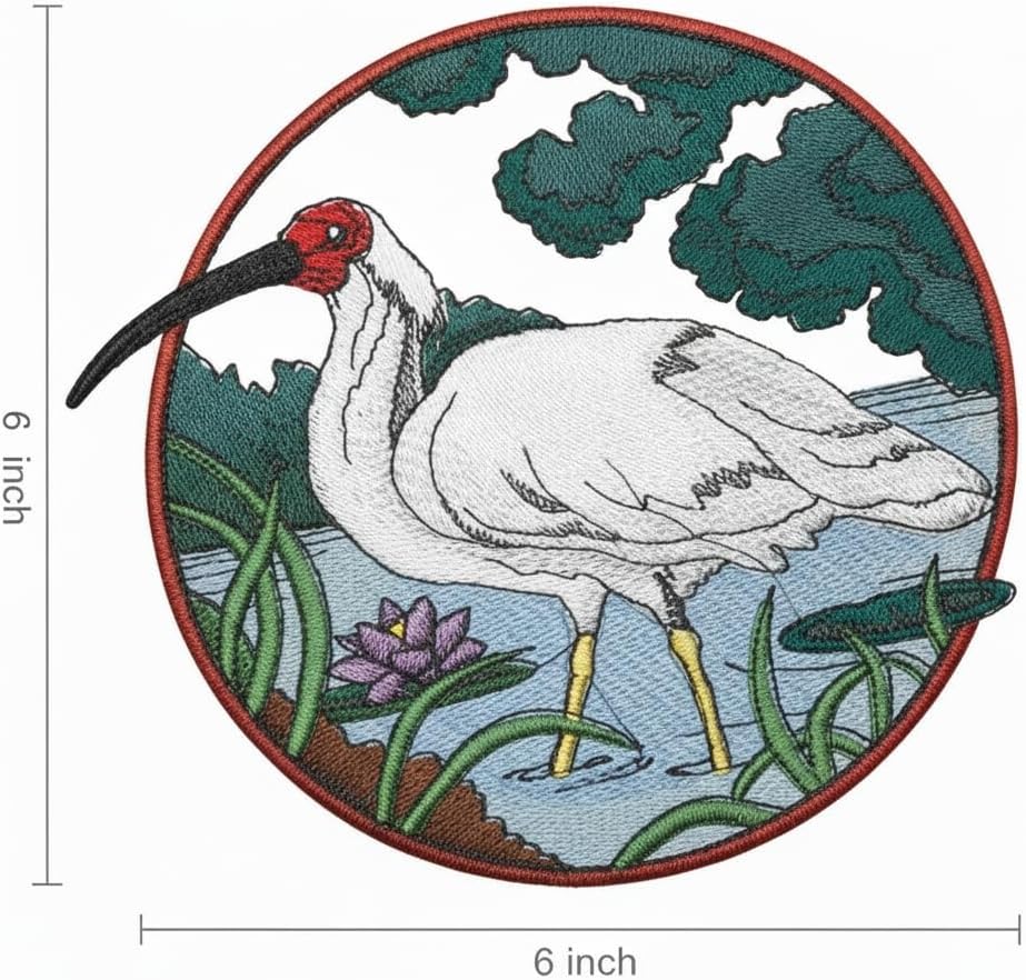 BeyondVision Nature Weaved in Threads, Amazing Birds Kingdom [Crested Ibis in Circle [Custom and Unique] Embroidered Iron on/Sew Patch [6" *6."] [Made in USA]