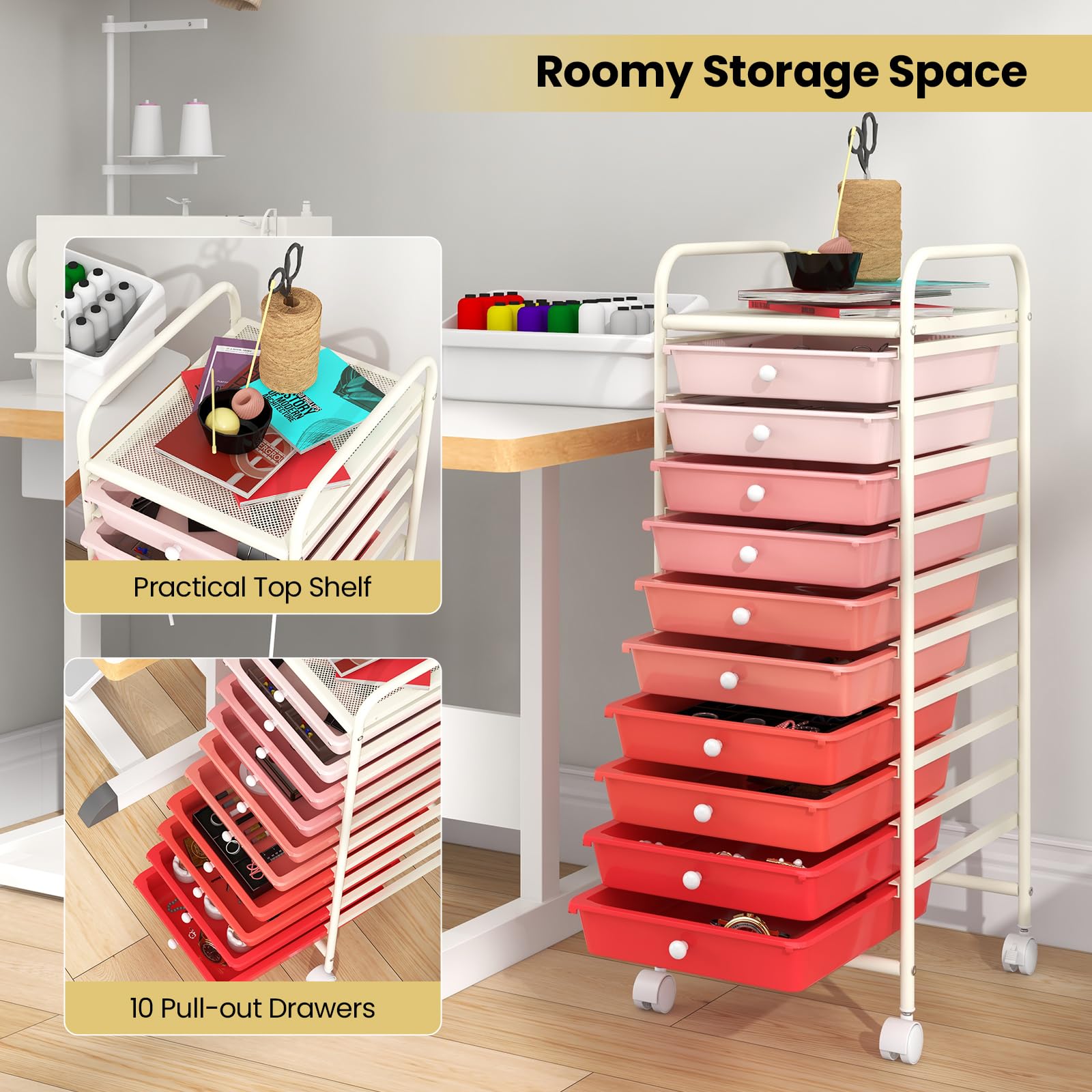 ARLIME Wózek do przechowywania z 10 szufladami, wózek z 10 szufladami, organizer na kółkach, organizer na papier do scrapbookingu, odpowiedni do biura i szkoły, organizer biurowy (różowy)