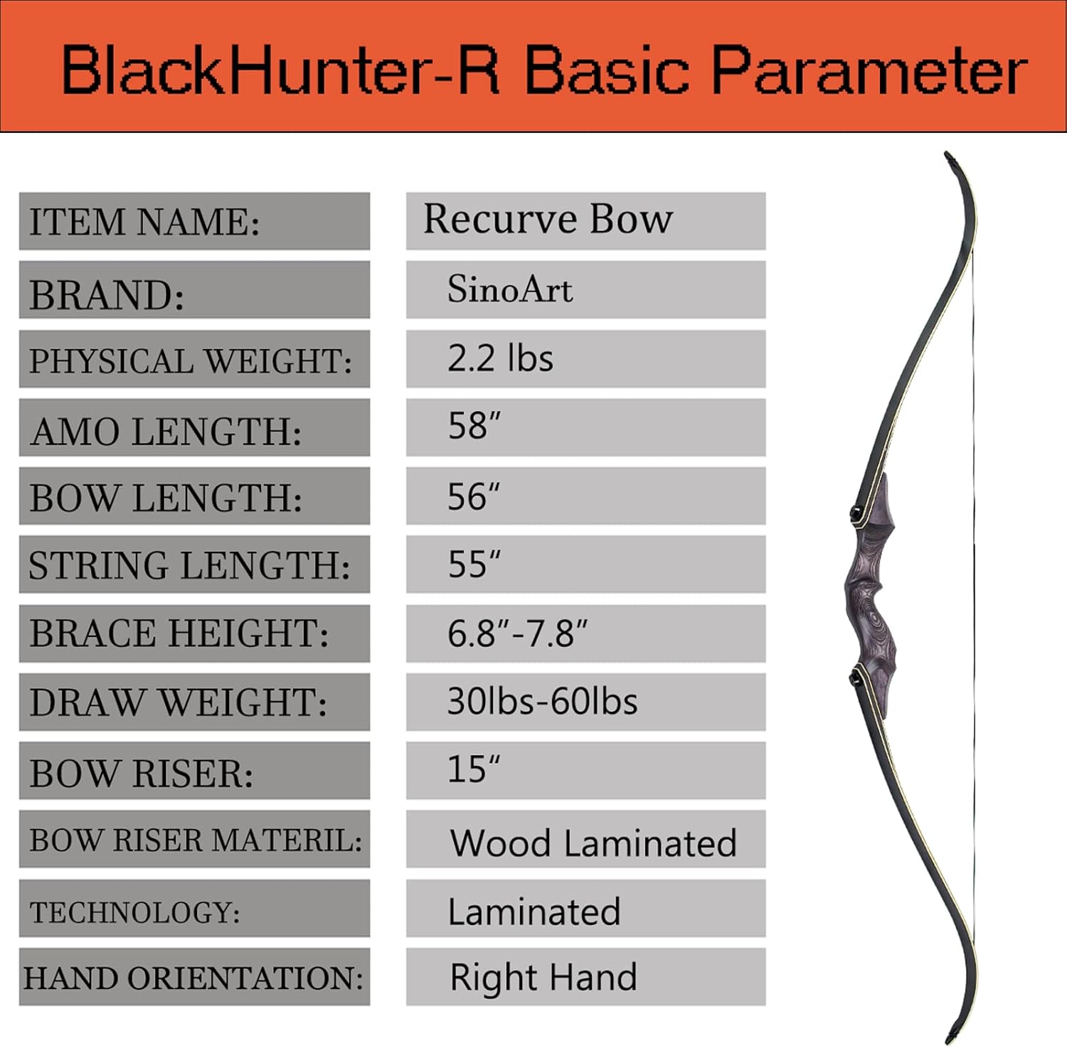 SinoArt 58" Takedown Recurve Bow Bamboo Limbs Archery Right and Left Handed Riser Bow for Hunting Target Shooting 25-65Lbs : Everything Else