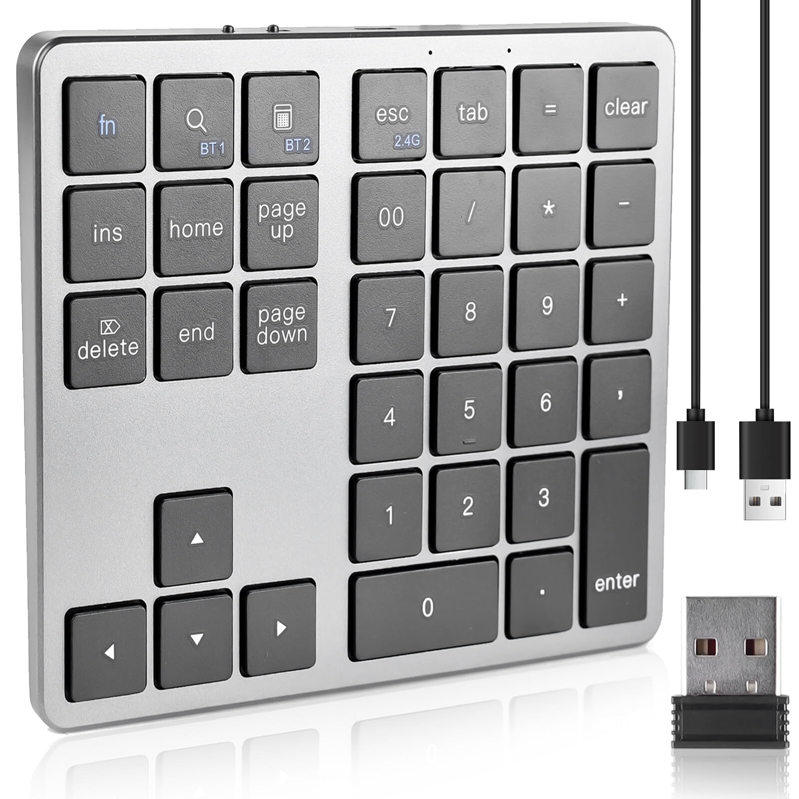 BAIFULAI Tastierino numerico wireless a 35 tasti, tastierino numerico portatile, mini tastierino numerico ricaricabile, senza fili, con USB-C, per la contabilità finanziaria laptop/desktop/notebook