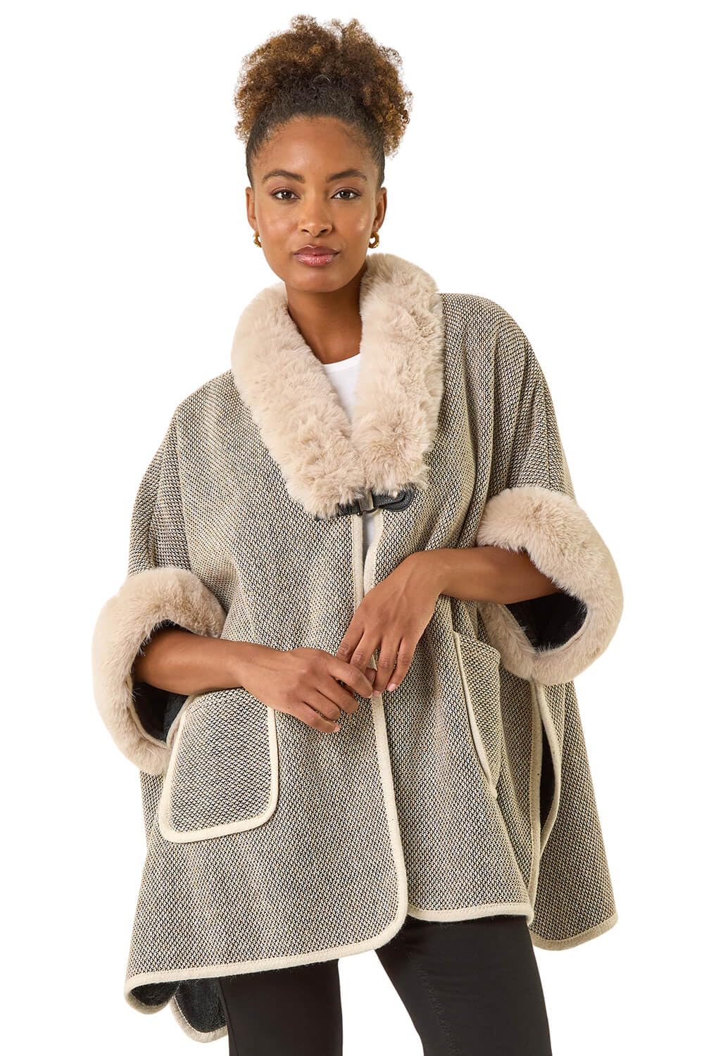 Roman Women's Light Grey Faux Fur Pocket Poncho