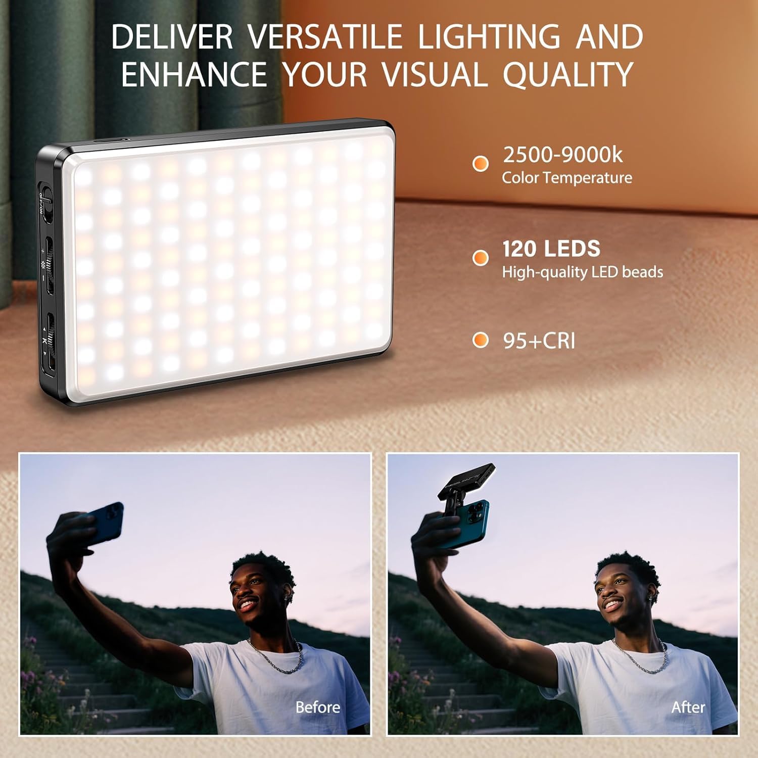 Selfie Licht Handy 120 LED 2500-9000K CRI 95+ 3000mAh mit Farbfilter | Professionelles Videolicht fotografische Lampe Dimmbares Videoleuchte Silikonhülle für Telefon Laptop Kamera