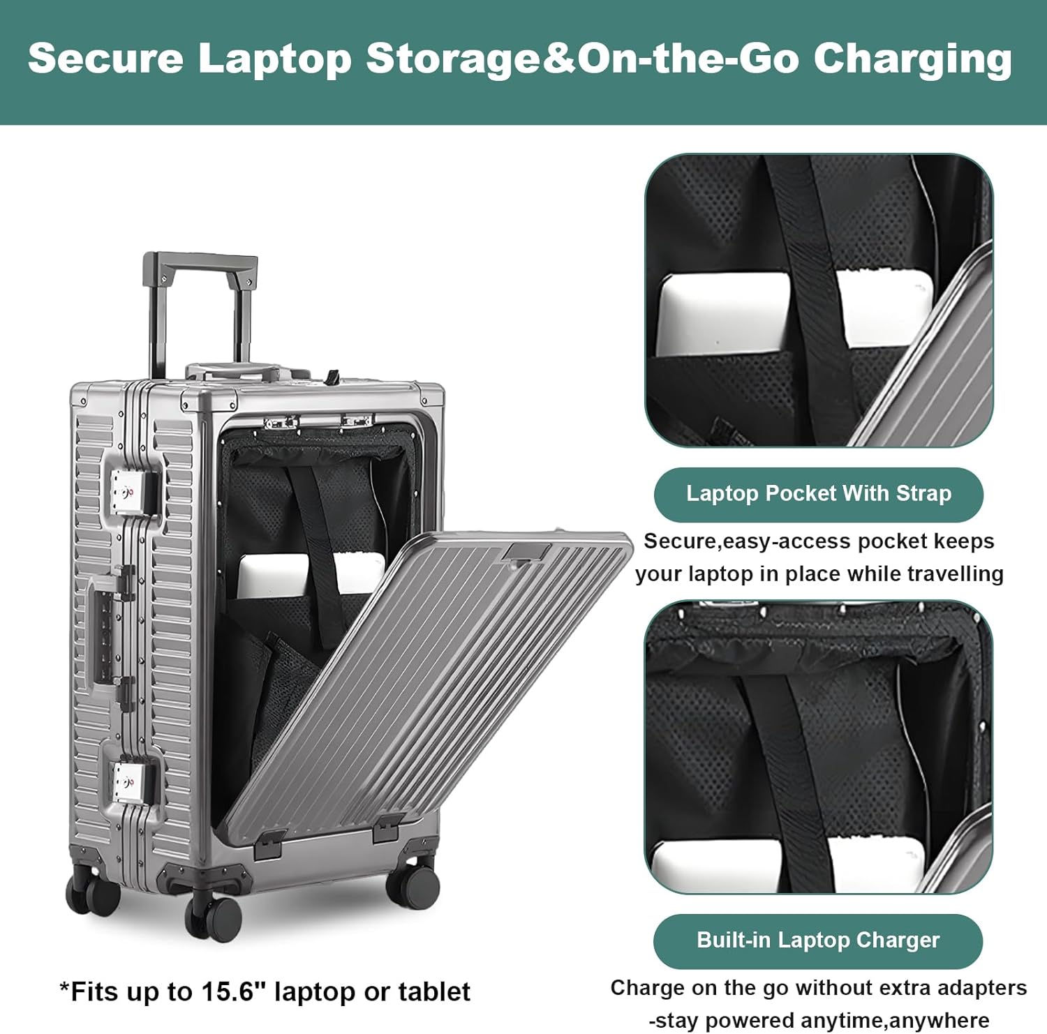 Gets All Aluminum Carry on Luggage Airline Approved,20 Inch Hardshell Spinner Luggage With Cup Holder and USB Charger,TSA Lock,Front Pocket Durable Suitcase for Women Men-Grey,22x14x9 - Image 5