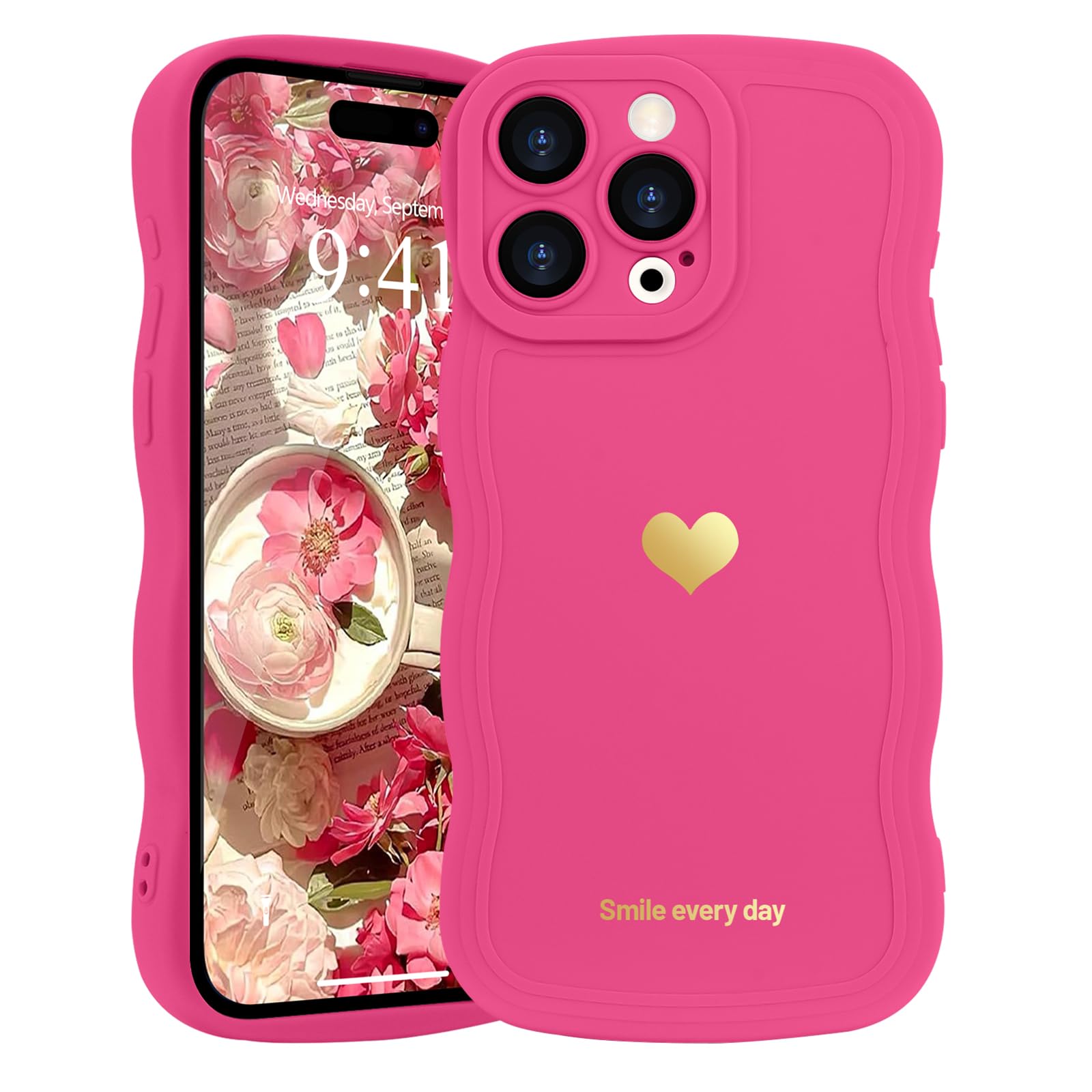 LAPOPNUT for iPhone 14 Pro Max Case,Cute Curly Wave Frame Love Heart Phone Case for Girls Women,Soft Silicone TPU Bumper Shockproof Camera Protective Cover for iPhone 14 Pro Max 6.7 inch,Hot Pink