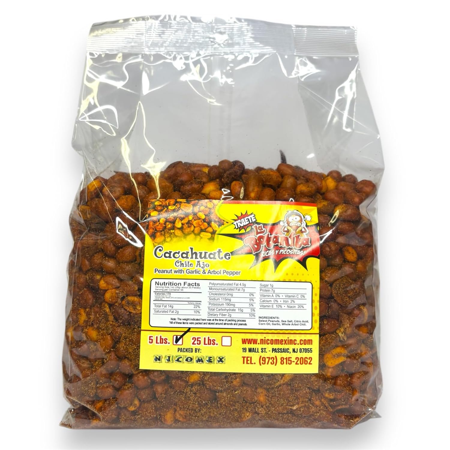 Cacahuates con chile y ajo nicomex. Salty and spicy peanuts with garlic and arbol pepper. Authentic Mexican Style. Party size 5Lb.