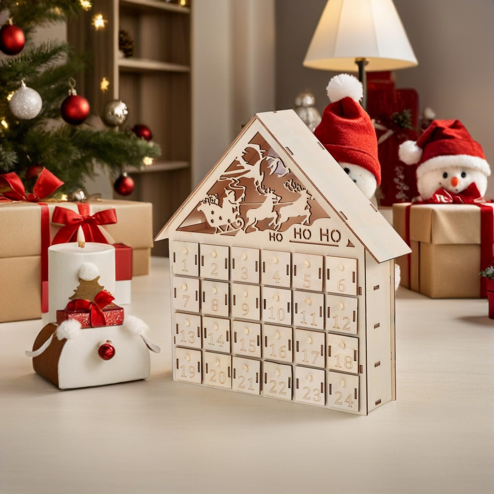 DIY Adventskalender Schublade Hölzerner Weihnachtskalender Hölzerne Adventsboxen Weihnachtssüßigkeitenboxen Beleuchteter Adventskalender Beleuchtetes Holzhaus Beige
