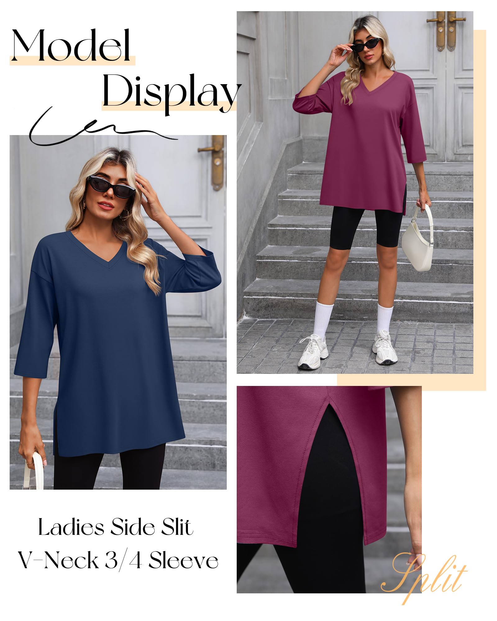 3 Top Donna Oversize Maniche 3/4 Scollo a V | Tuniche Con Spacchi Laterali, T-shirt Ampie, Abbigliamento Traspirante, Maglie Casual, Outfit a Strati, Moda Autunnale