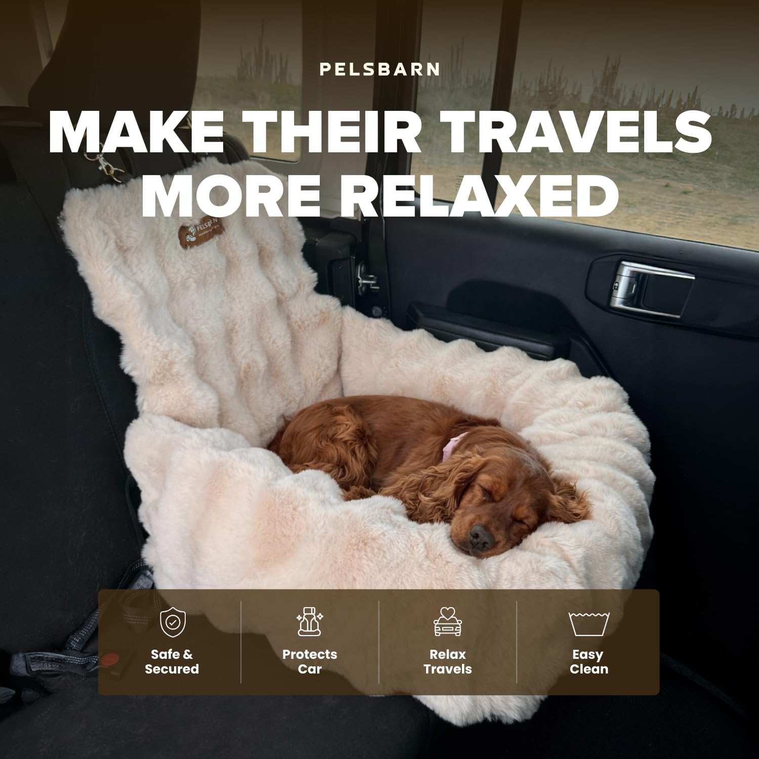 Pelsbarn Luxurious Cozy Car Bed - Small Luxury Travel Dog Bed with Safety Belt - Ultra Soft Faux Fur - Beige