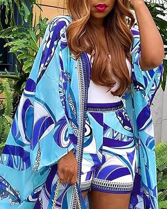 Two Piece Vacation Outfits for Women Sexy Beach Cover Up Long Sleeve Open Front Cardigan Shorts