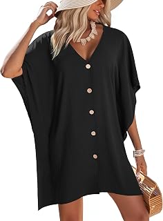 Womens Swimsuit Cover Up Button Down Bathing Suit Coverups 3/4 Sleeve Beachwear Oversized Bikini Shirt Dresses S-XXL